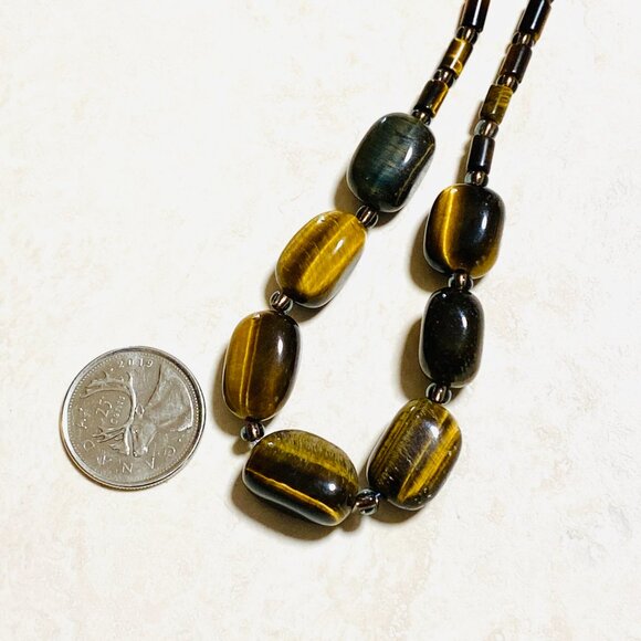 Rustic Tiger's Eye Beaded Necklace, Genuine Yellow Brown Tumbled Gemstone - Picture 8 of 11